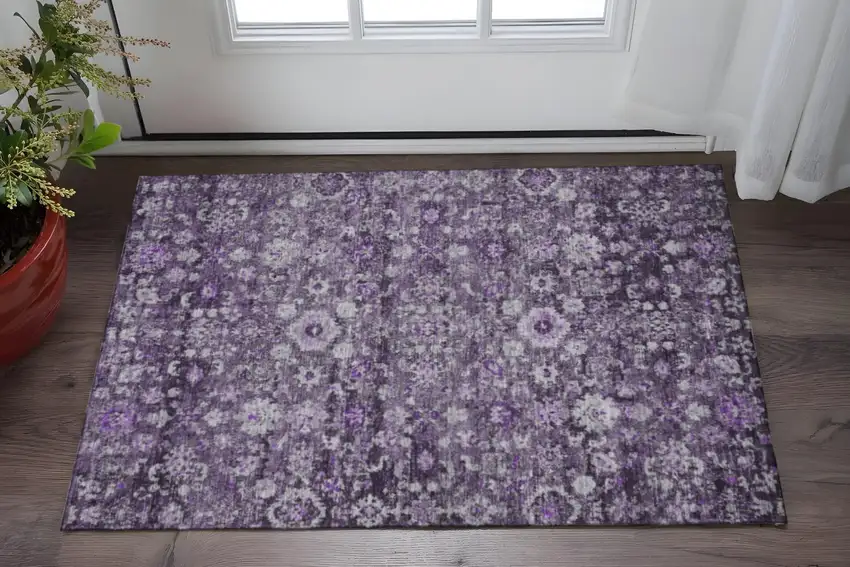 Purple And Ivory Oriental Washable Area Rug With UV Protection Photo 2