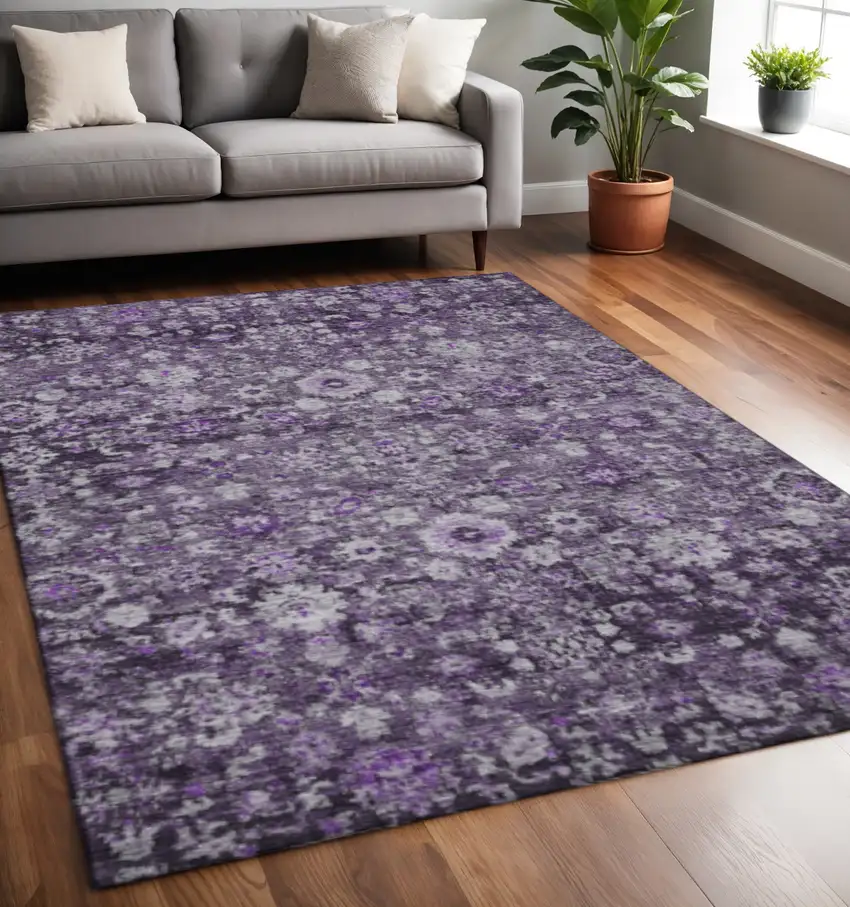 Purple And Ivory Oriental Washable Area Rug With UV Protection Photo 2