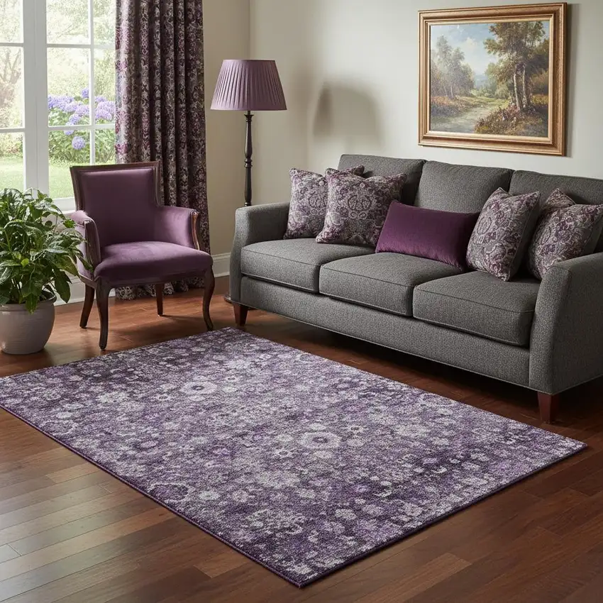Purple And Ivory Oriental Washable Area Rug With UV Protection Photo 1