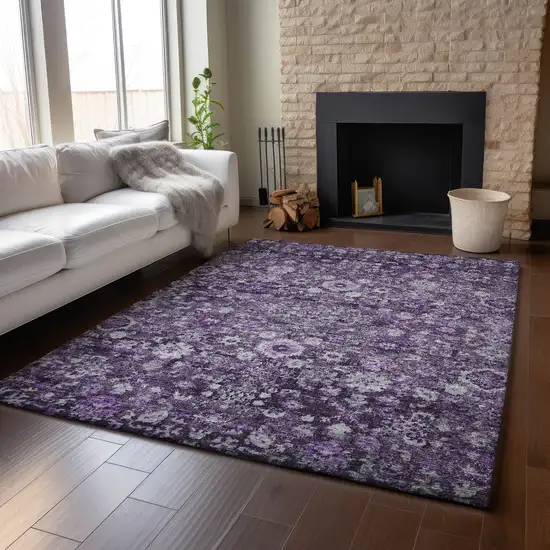 Purple And Ivory Oriental Washable Area Rug With UV Protection Photo 4