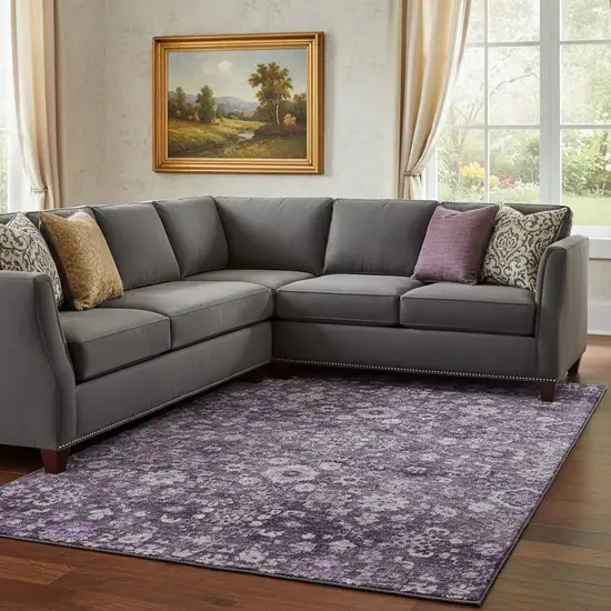Purple And Ivory Oriental Washable Area Rug With UV Protection Photo 1