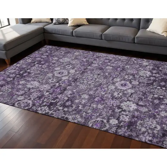 Purple And Ivory Oriental Washable Area Rug With UV Protection Photo 2