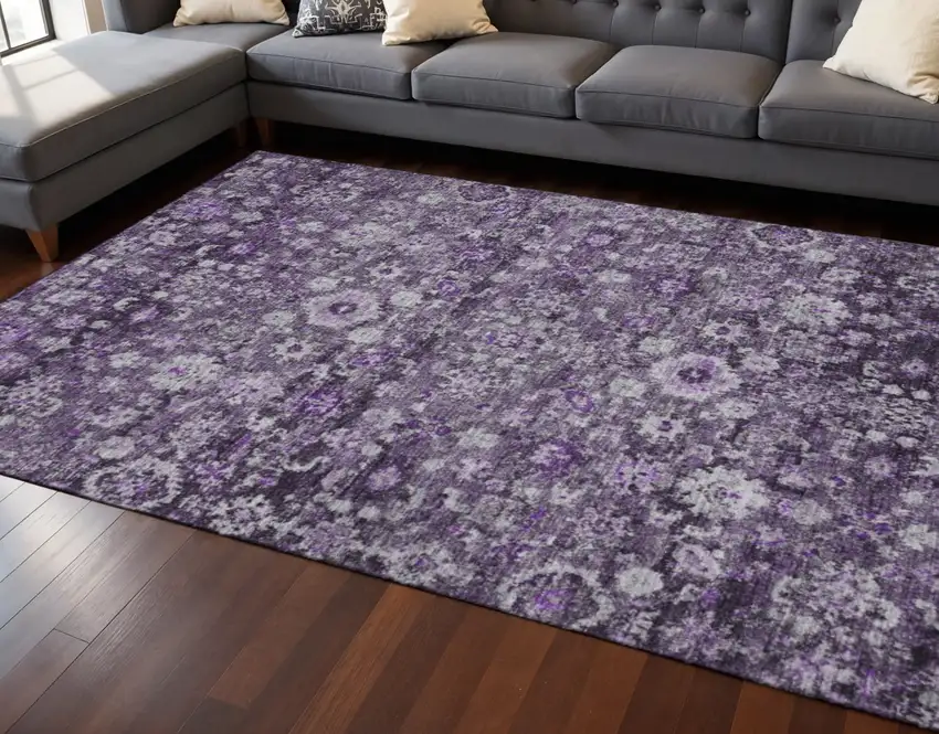 Purple And Ivory Oriental Washable Area Rug With UV Protection Photo 2