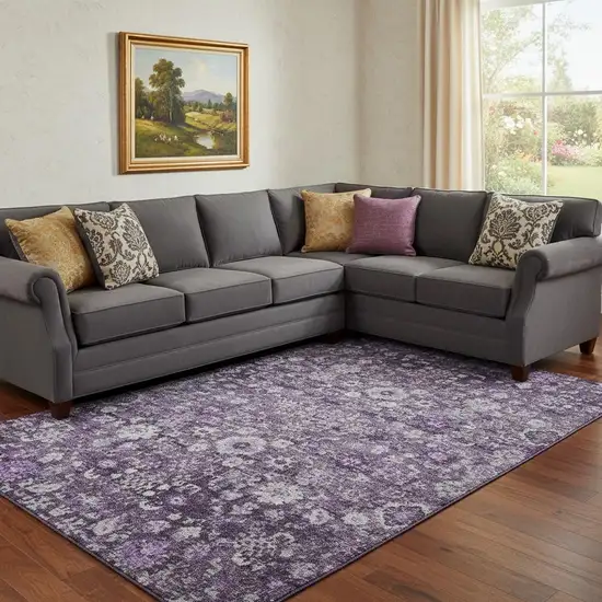 Purple And Ivory Oriental Washable Area Rug With UV Protection Photo 1