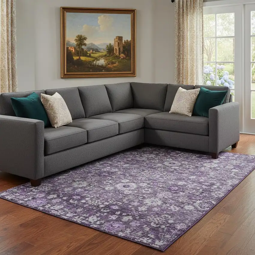 Purple And Ivory Oriental Washable Area Rug With UV Protection Photo 1