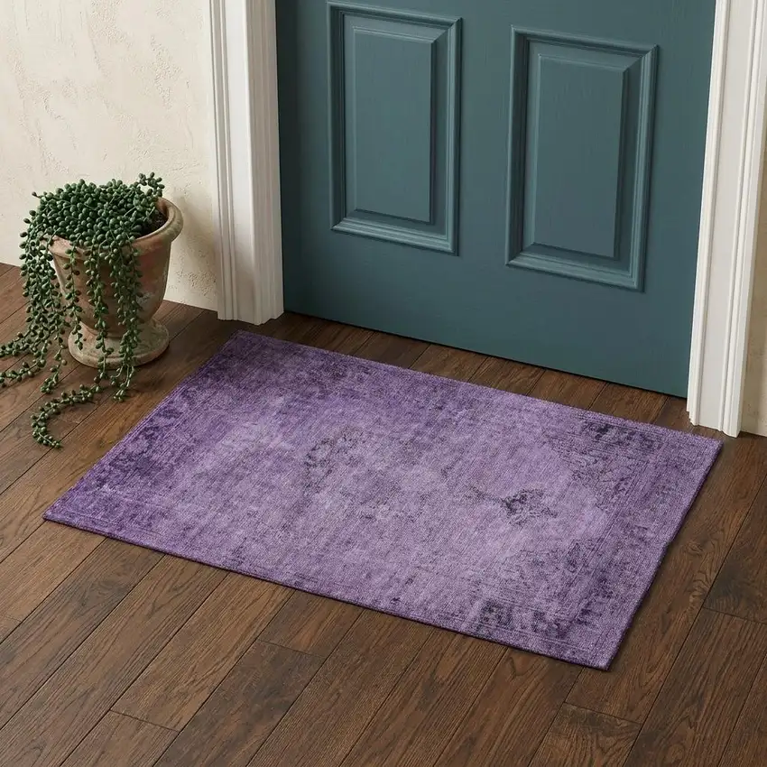Purple And Ivory Oriental Washable Area Rug With UV Protection Photo 1