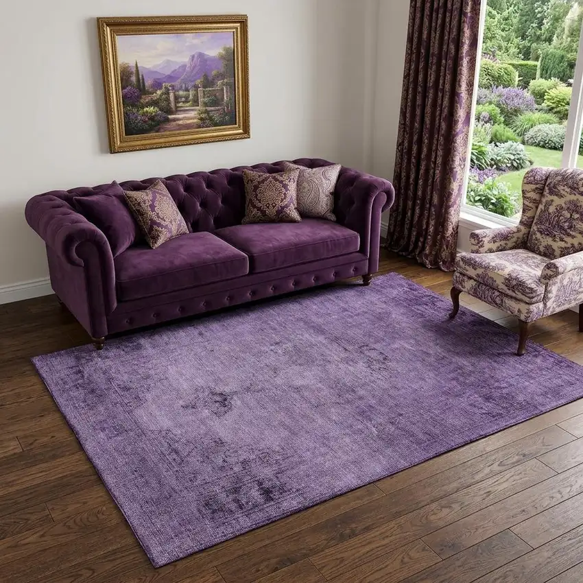 Purple And Ivory Oriental Washable Area Rug With UV Protection Photo 1