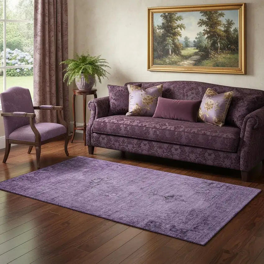 Purple And Ivory Oriental Washable Area Rug With UV Protection Photo 1