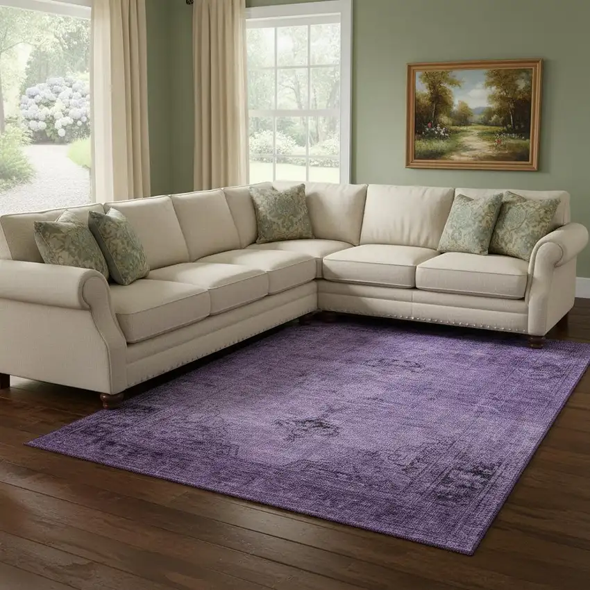 Purple And Ivory Oriental Washable Area Rug With UV Protection Photo 1