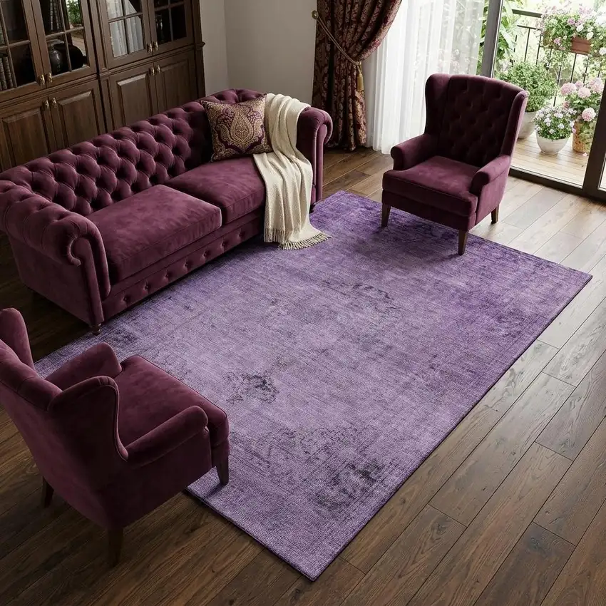 Purple And Ivory Oriental Washable Area Rug With UV Protection Photo 1