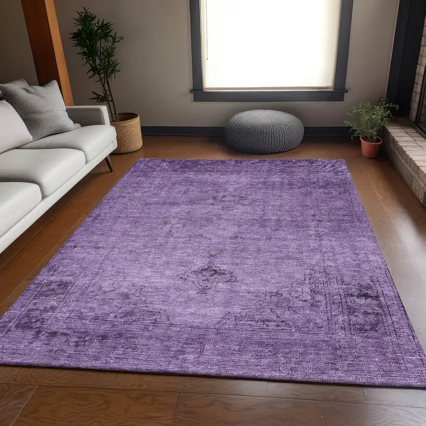 Purple And Ivory Oriental Washable Area Rug With UV Protection Photo 5