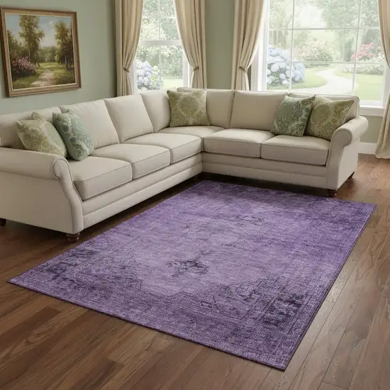 Purple And Ivory Oriental Washable Area Rug With UV Protection Photo 1