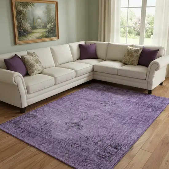 Purple And Ivory Oriental Washable Area Rug With UV Protection Photo 1