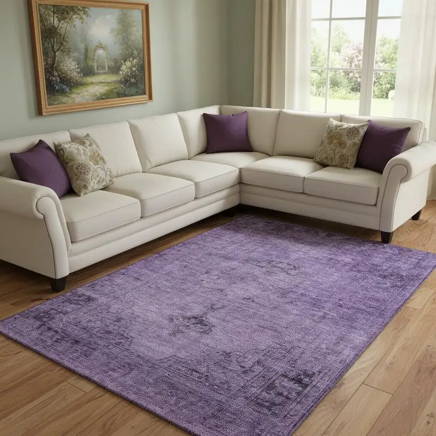 Purple And Ivory Oriental Washable Area Rug With UV Protection Photo 1