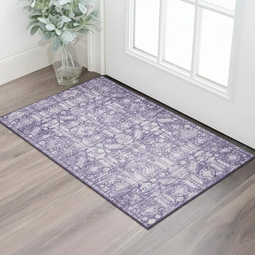 Purple And Ivory Oriental Washable Area Rug With UV Protection Photo 2
