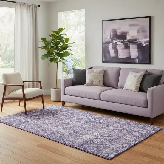 Purple And Ivory Oriental Washable Area Rug With UV Protection Photo 2