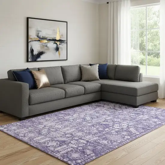 Purple And Ivory Oriental Washable Area Rug With UV Protection Photo 2