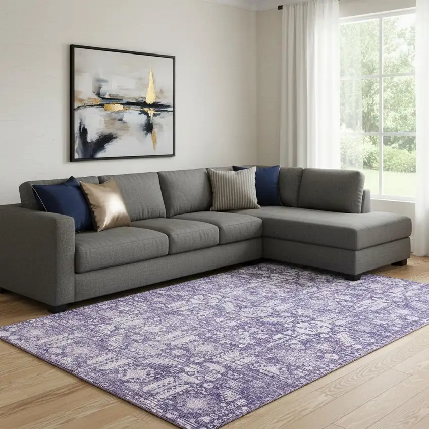 Purple And Ivory Oriental Washable Area Rug With UV Protection Photo 2