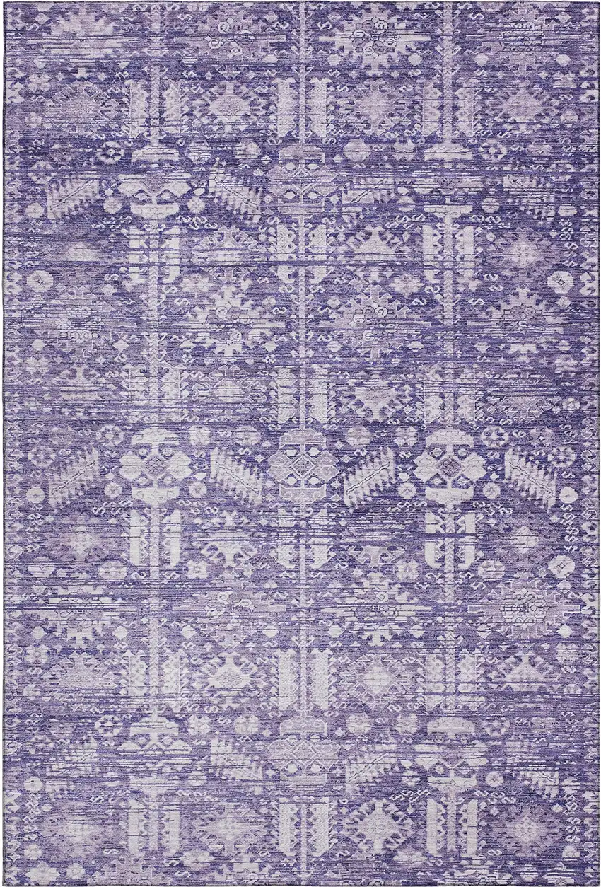 Purple And Ivory Oriental Washable Area Rug With UV Protection Photo 1