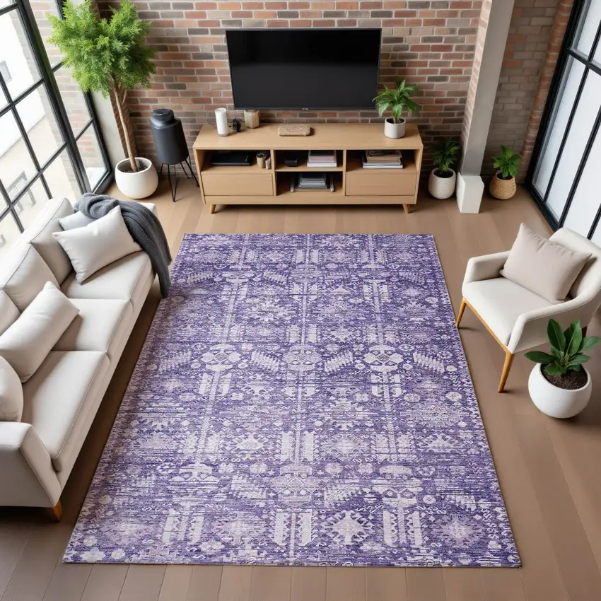 Purple And Ivory Oriental Washable Area Rug With UV Protection Photo 4