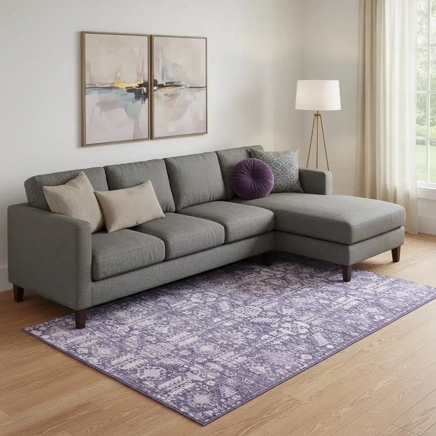 Purple And Ivory Oriental Washable Area Rug With UV Protection Photo 2