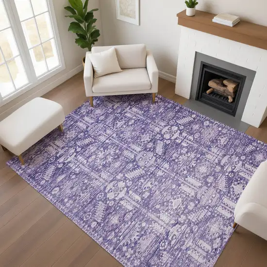 Purple And Ivory Oriental Washable Area Rug With UV Protection Photo 3
