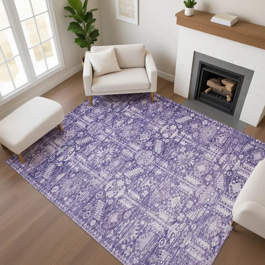 Purple And Ivory Oriental Washable Area Rug With UV Protection Photo 3