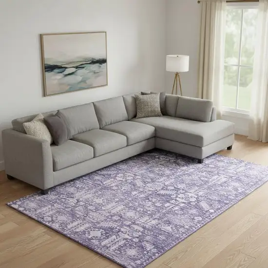 Purple And Ivory Oriental Washable Area Rug With UV Protection Photo 2