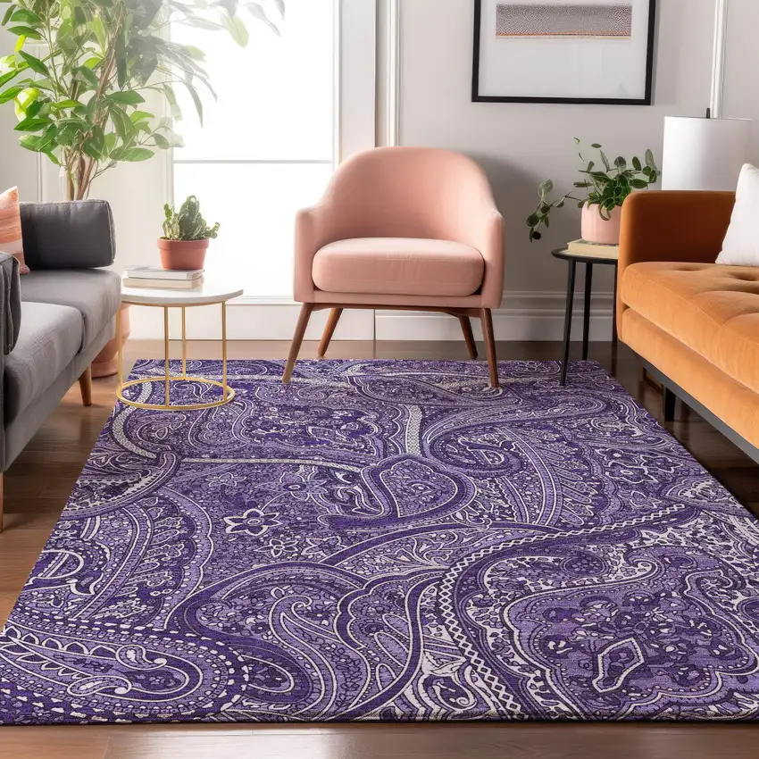 Purple And Ivory Paisley Washable Area Rug With UV Protection Photo 5