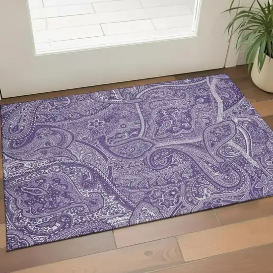 Purple And Ivory Paisley Washable Area Rug With UV Protection Photo 2