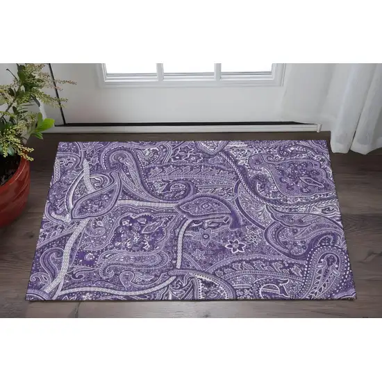 Purple And Ivory Paisley Washable Area Rug With UV Protection Photo 2