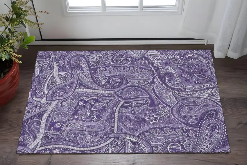 Purple And Ivory Paisley Washable Area Rug With UV Protection Photo 2
