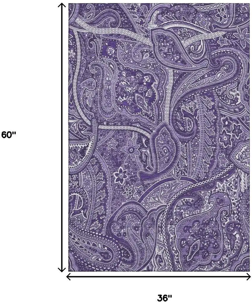Purple And Ivory Paisley Washable Area Rug With UV Protection Photo 7