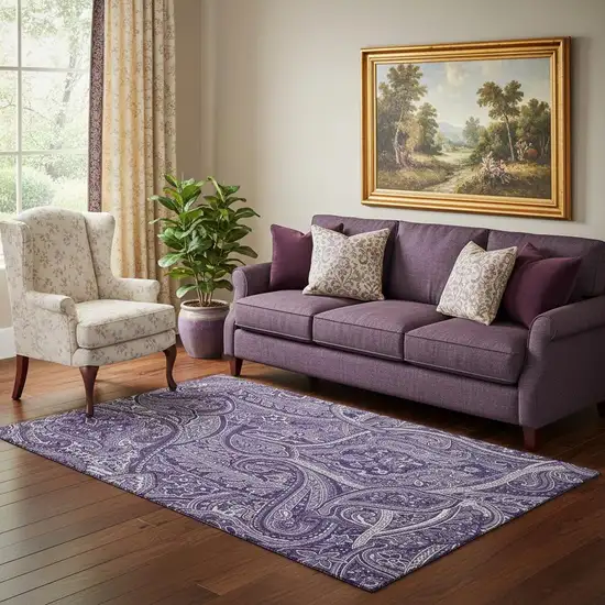 Purple And Ivory Paisley Washable Area Rug With UV Protection Photo 1