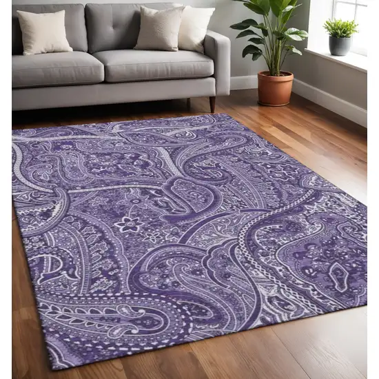 Purple And Ivory Paisley Washable Area Rug With UV Protection Photo 2