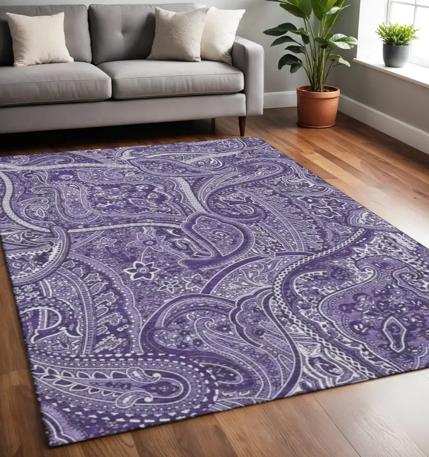 Purple And Ivory Paisley Washable Area Rug With UV Protection Photo 2