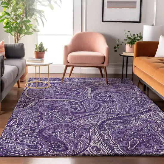 Purple And Ivory Paisley Washable Area Rug With UV Protection Photo 6