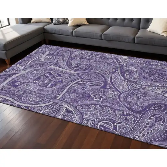 Purple And Ivory Paisley Washable Area Rug With UV Protection Photo 3