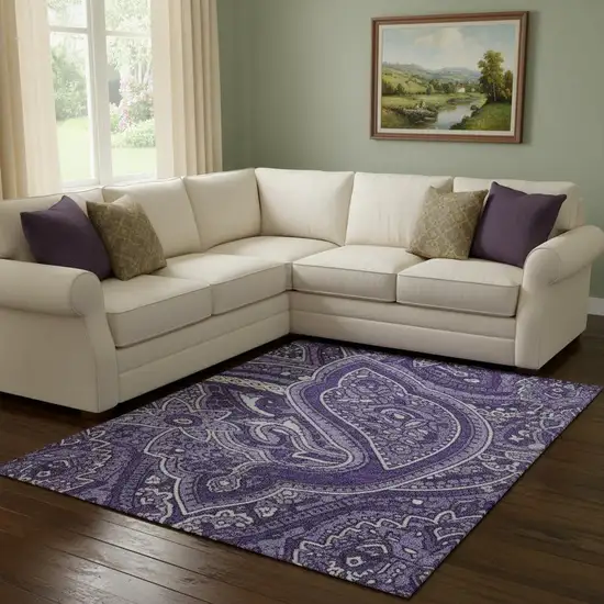 Purple And Ivory Paisley Washable Area Rug With UV Protection Photo 1