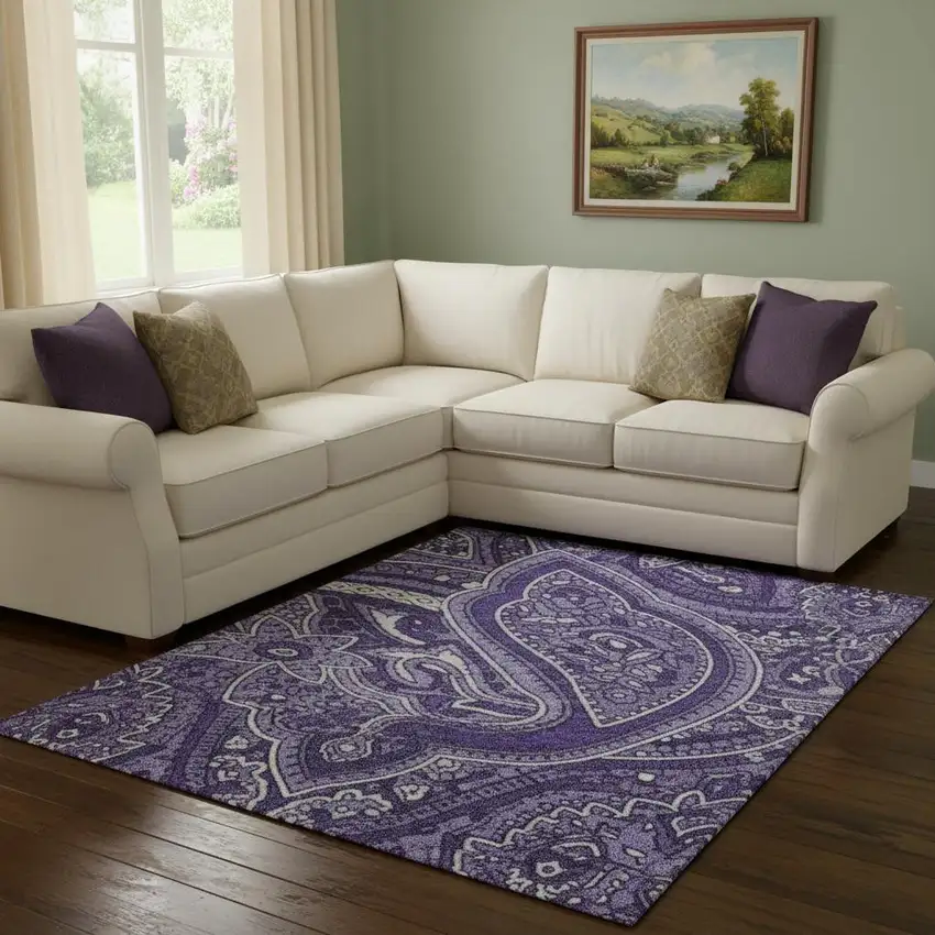 Purple And Ivory Paisley Washable Area Rug With UV Protection Photo 1