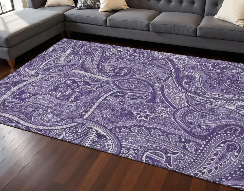Purple And Ivory Paisley Washable Area Rug With UV Protection Photo 2