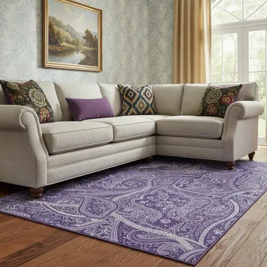 Purple And Ivory Paisley Washable Area Rug With UV Protection Photo 1