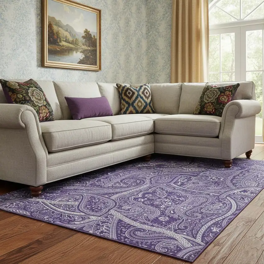 Purple And Ivory Paisley Washable Area Rug With UV Protection Photo 1