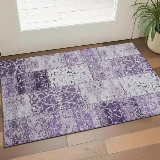 Purple And Ivory Patchwork Washable Area Rug With UV Protection Photo 1