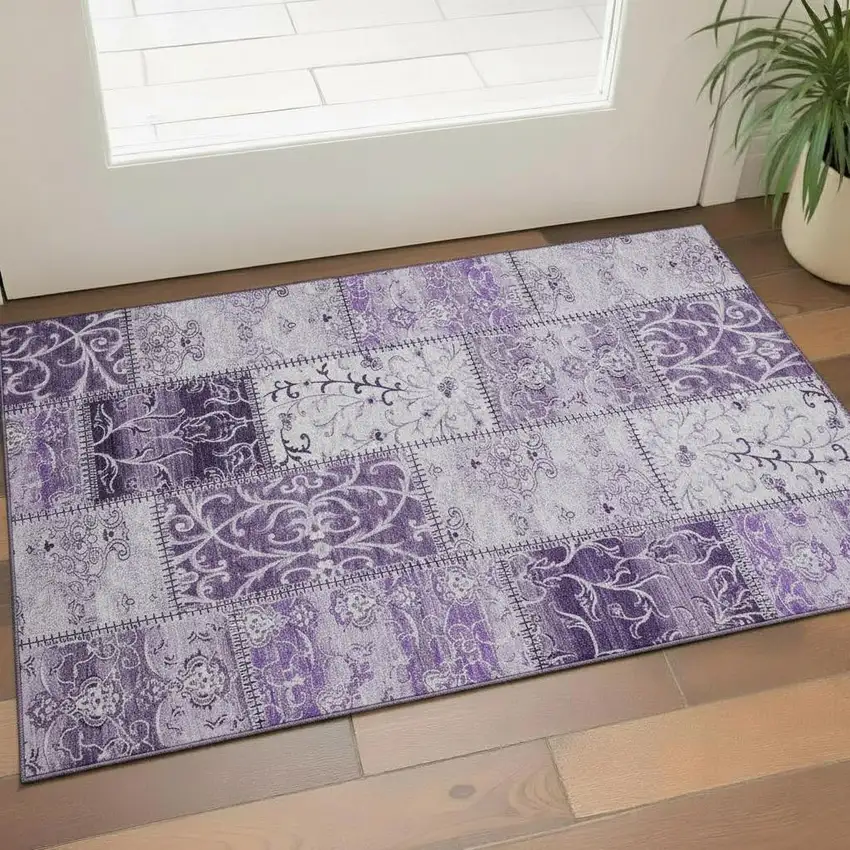 Purple And Ivory Patchwork Washable Area Rug With UV Protection Photo 1