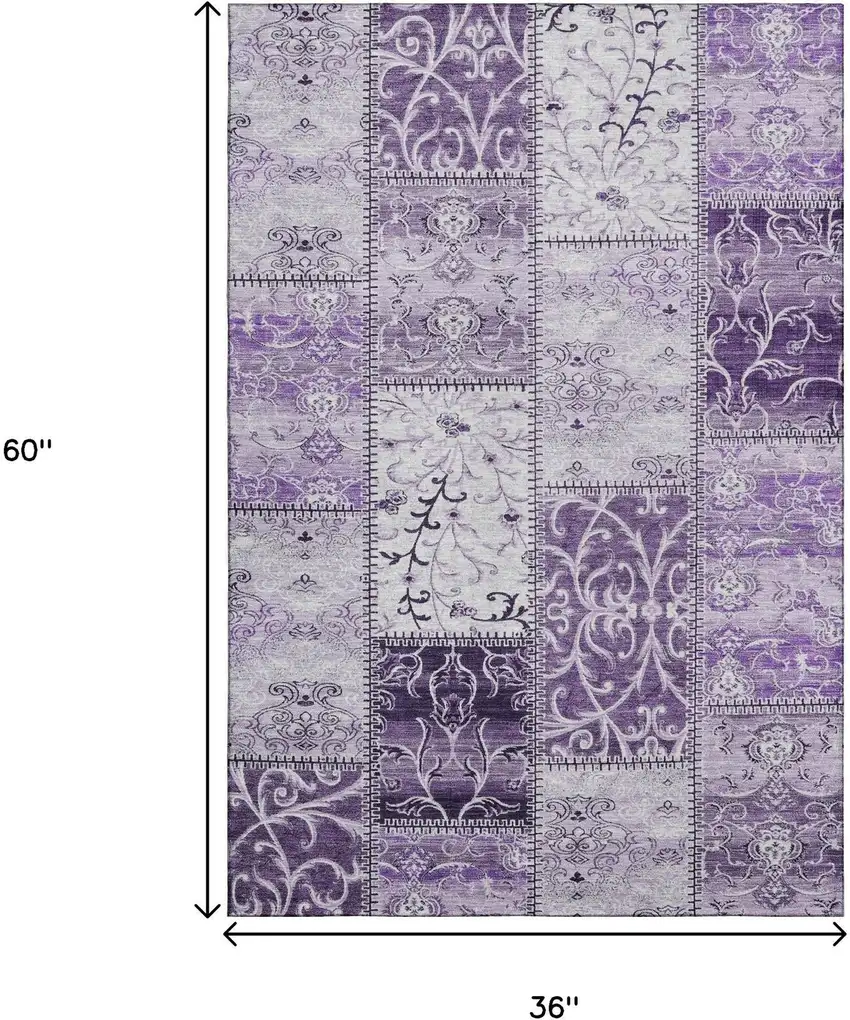 Purple And Ivory Patchwork Washable Area Rug With UV Protection Photo 3