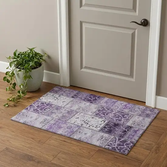 Purple And Ivory Patchwork Distressed Washable Area Rug With UV Protection Photo 1