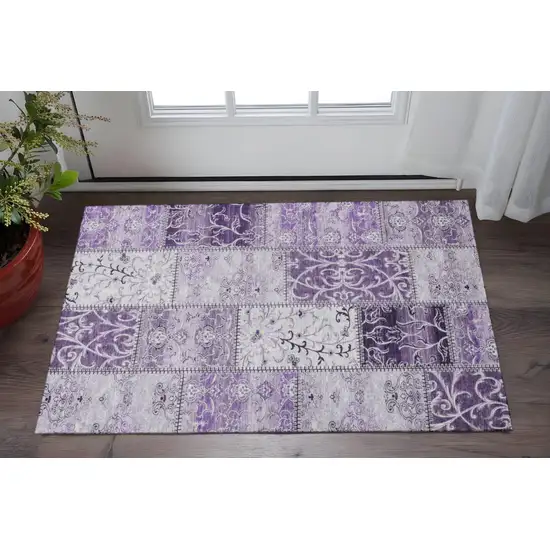 Purple And Ivory Patchwork Washable Area Rug With UV Protection Photo 2
