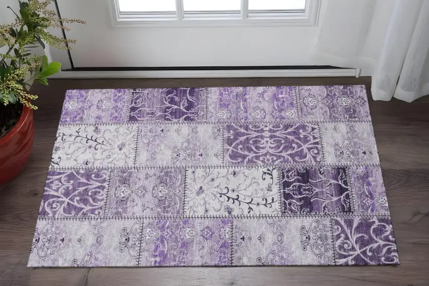 Purple And Ivory Patchwork Washable Area Rug With UV Protection Photo 2