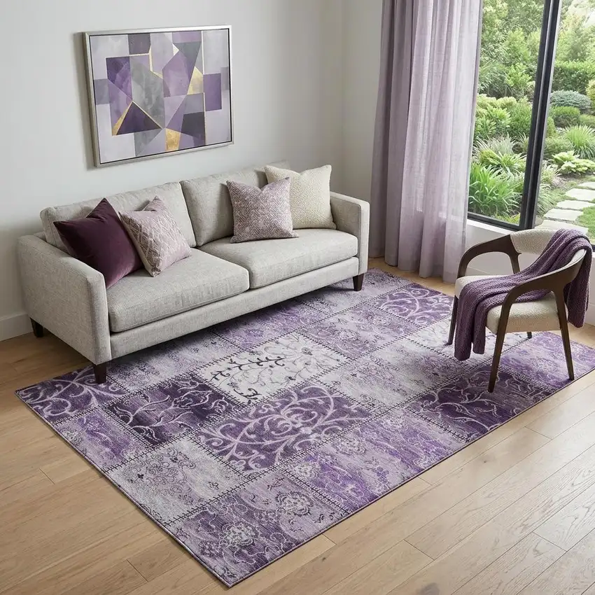 Purple And Ivory Patchwork Distressed Washable Area Rug With UV Protection Photo 1